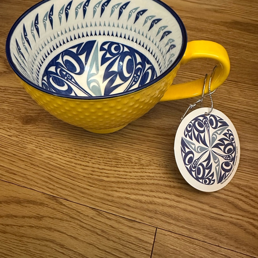 Native Northwest Yellow Mug with Blue Artistic Design. Indigenous art